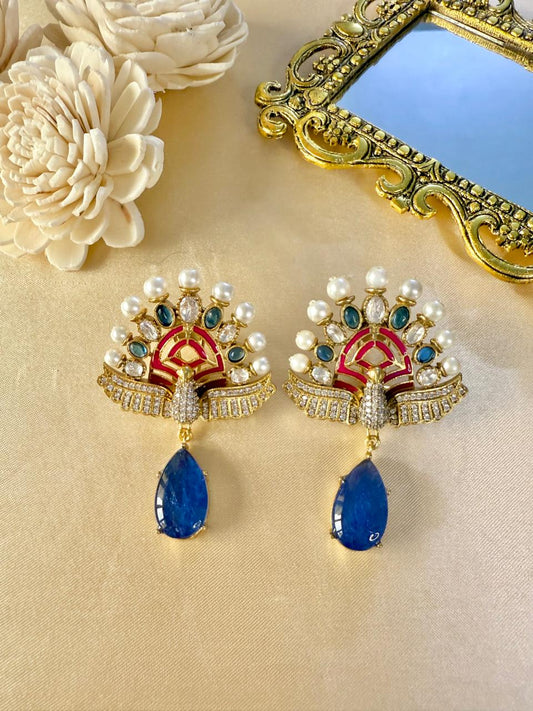 Mayuri Pearl Danglers - Blue & Magenta