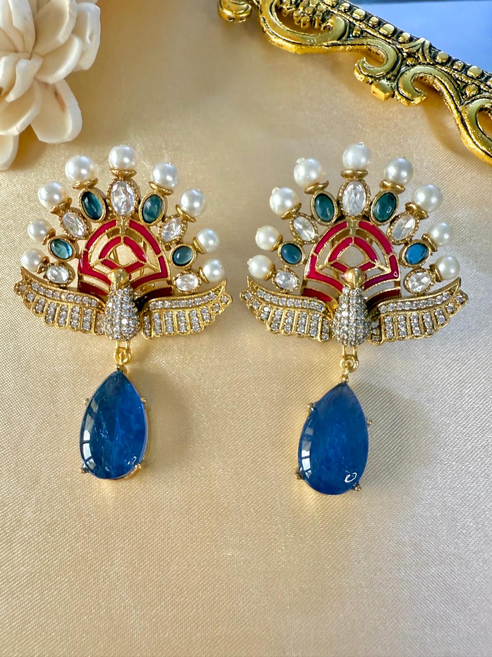 Mayuri Pearl Danglers - Blue & Magenta