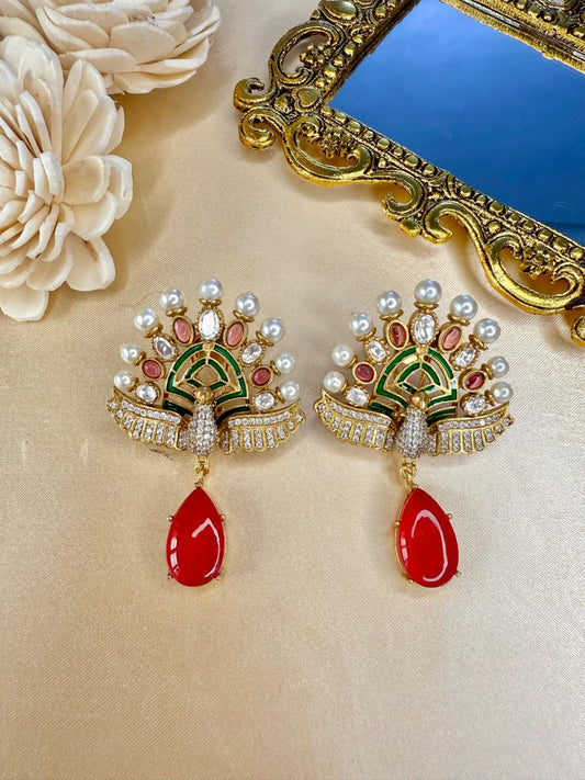 Mayuri Pearl Danglers - Red & Magenta