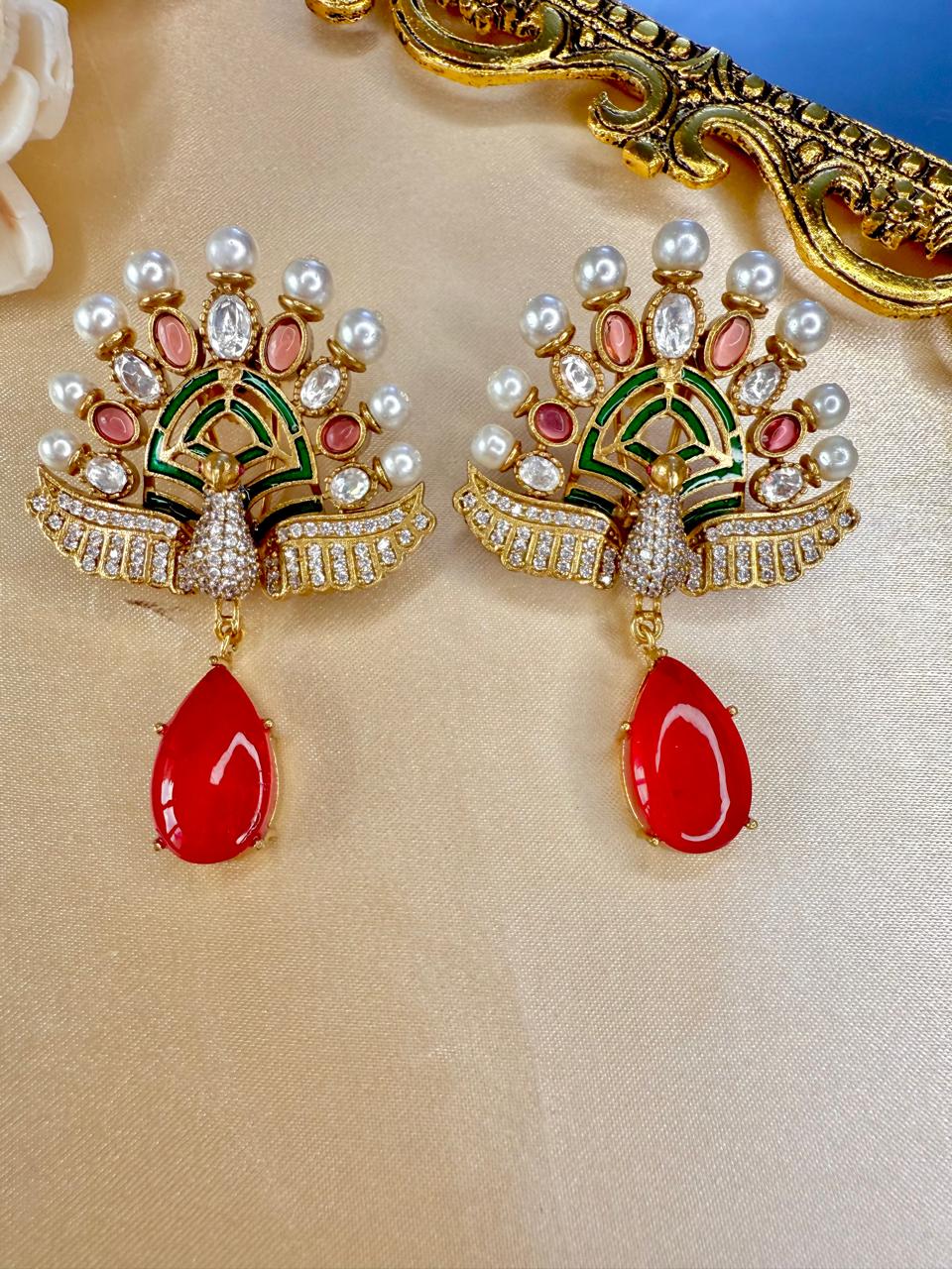 Mayuri Pearl Danglers - Red & Magenta