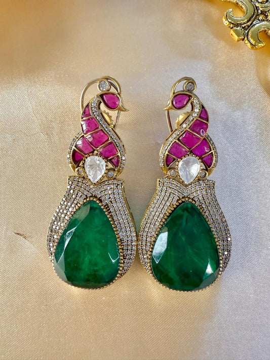 Arohi Mor Danglers - Green & Magenta