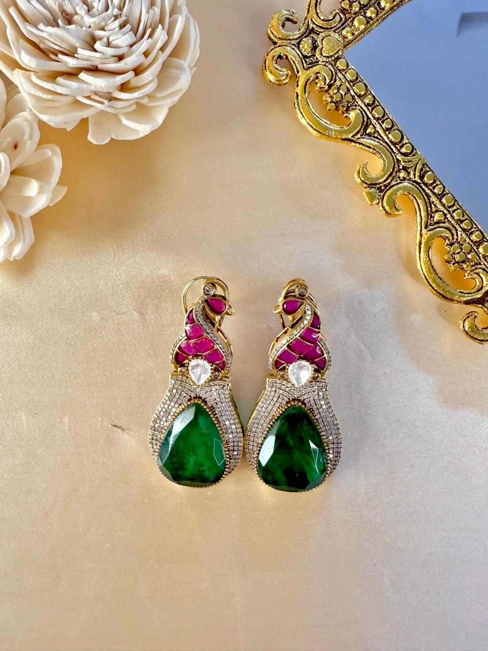 Arohi Mor Danglers - Green & Magenta