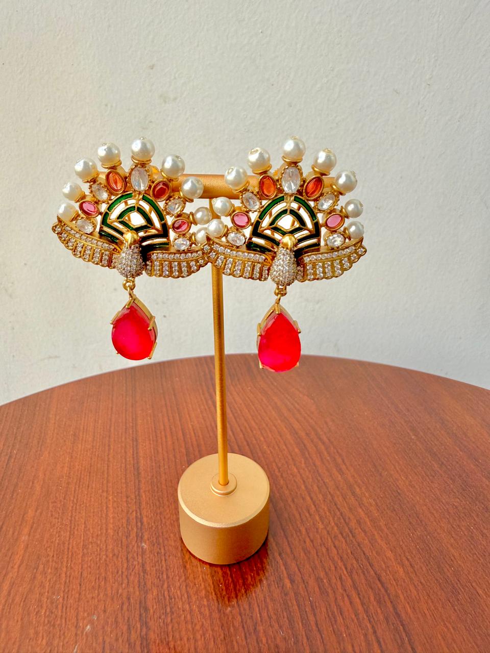 Mayuri Pearl Danglers - Red & Magenta