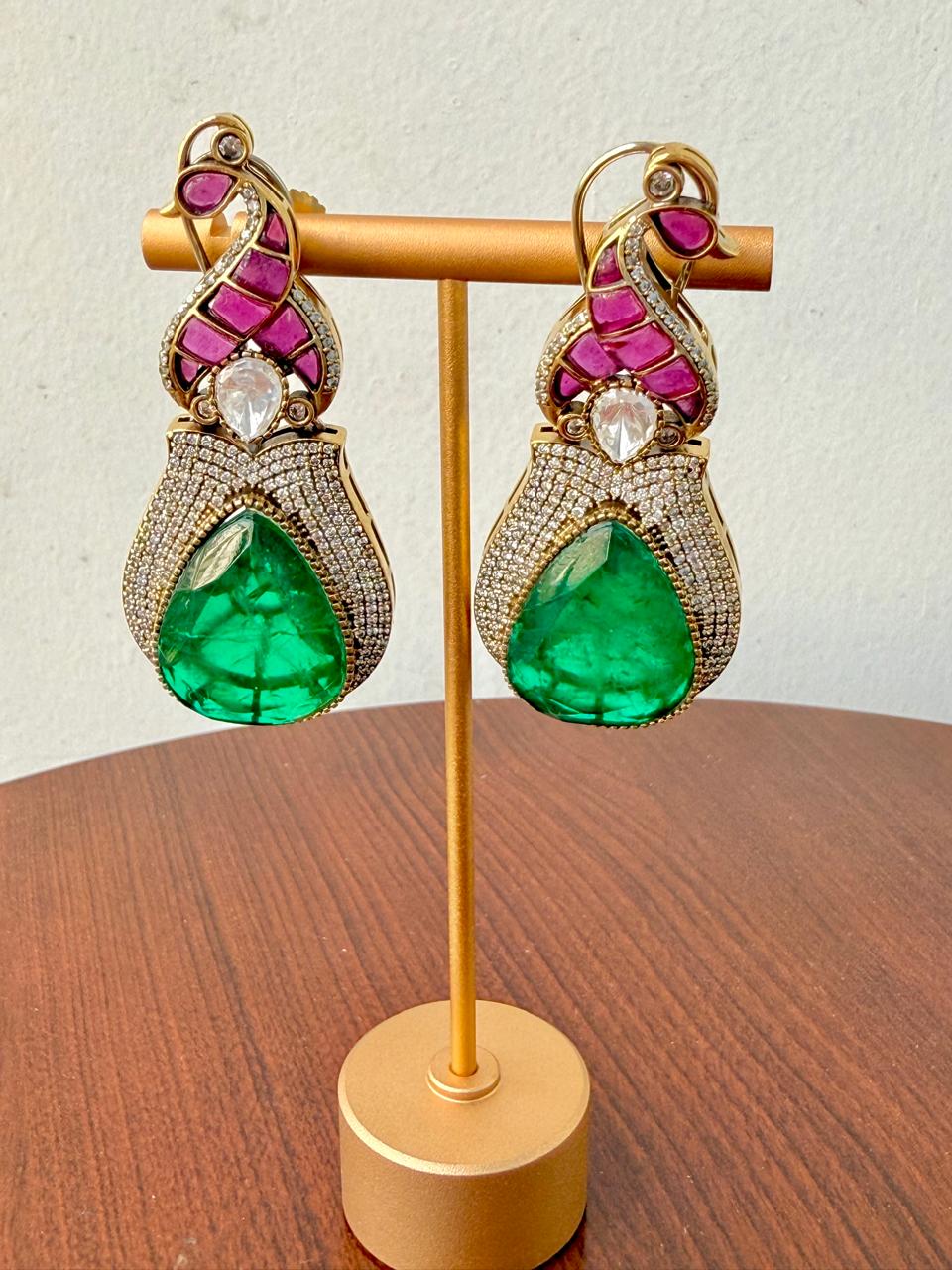 Arohi Mor Danglers - Green & Magenta