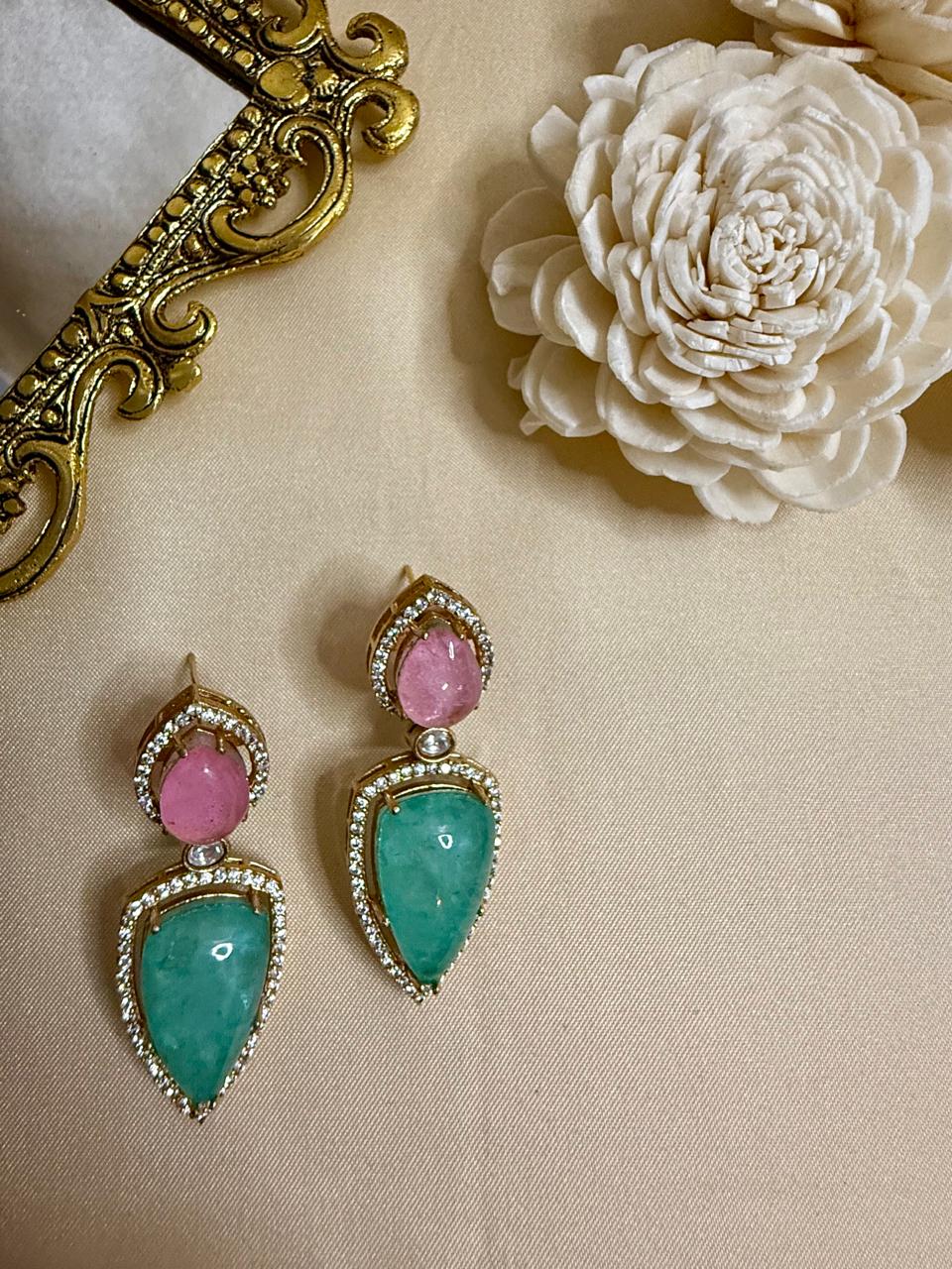 Nyra stone danglers - Mint & Pink
