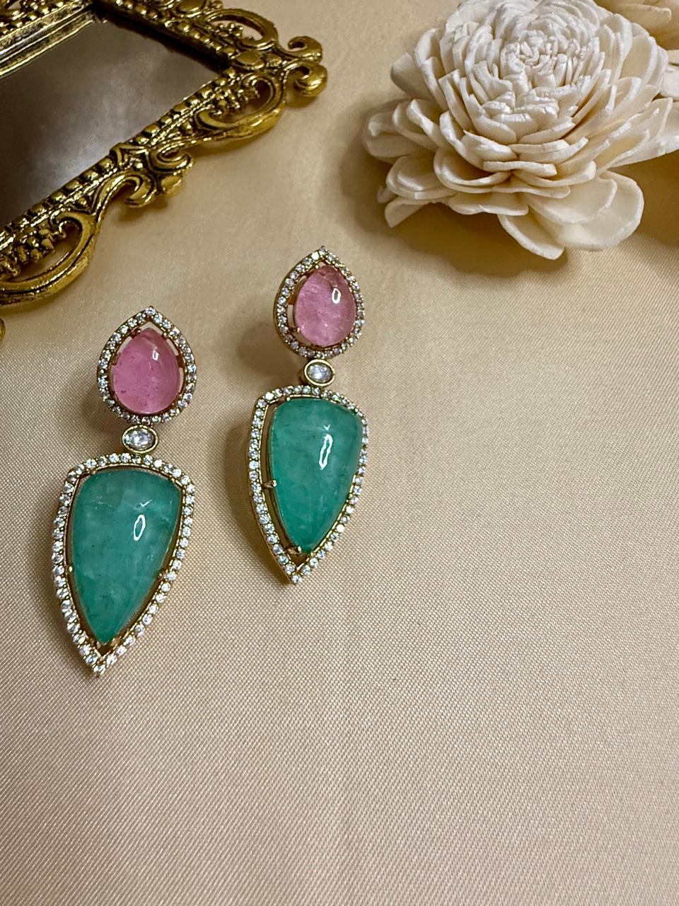 Nyra stone danglers - Mint & Pink
