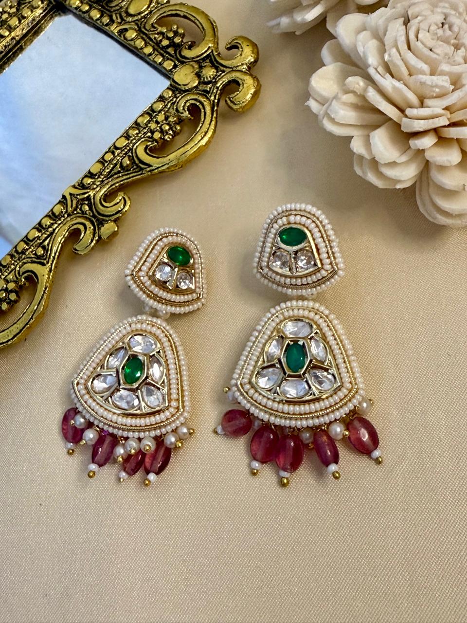 Iravya pearl danglers - Green & Pink