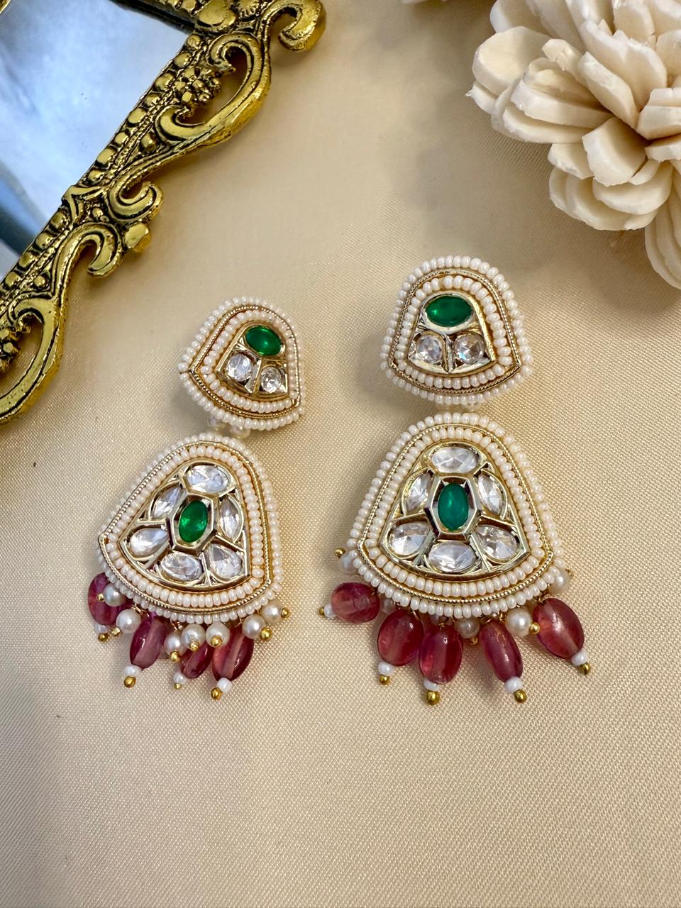 Iravya pearl danglers - Green & Pink