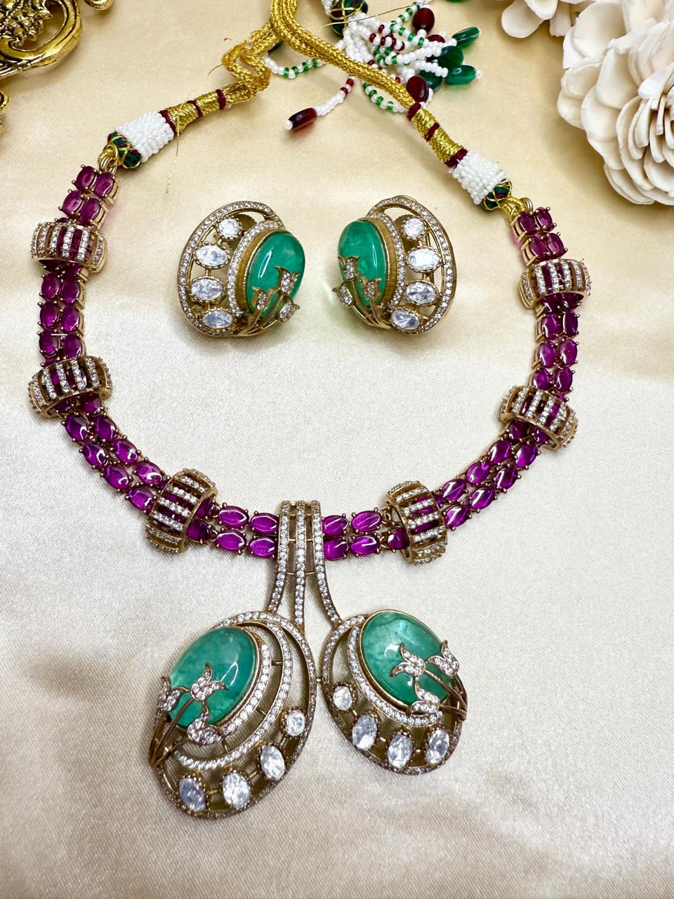 Mehak Necklace Set - Magenta & Mint