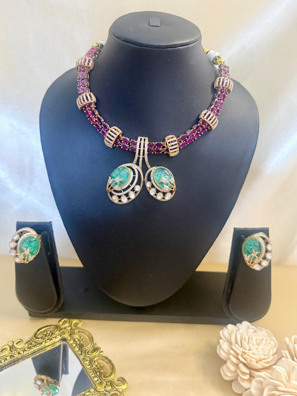 Mehak Necklace Set - Magenta & Mint