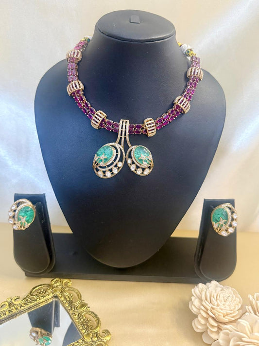 Mehak Necklace Set - Magenta & Mint