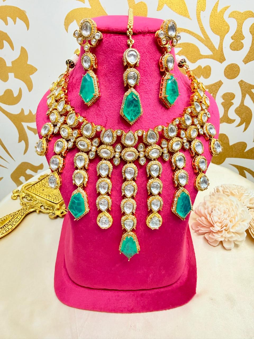 Tahira Necklace set - Green (With maangtika)