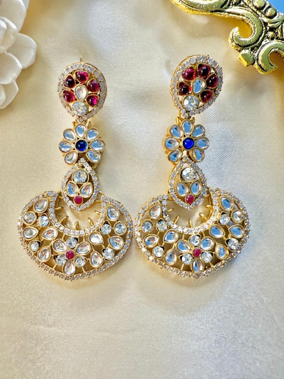 Aarvi Stone Danglers - Magenta & Blue