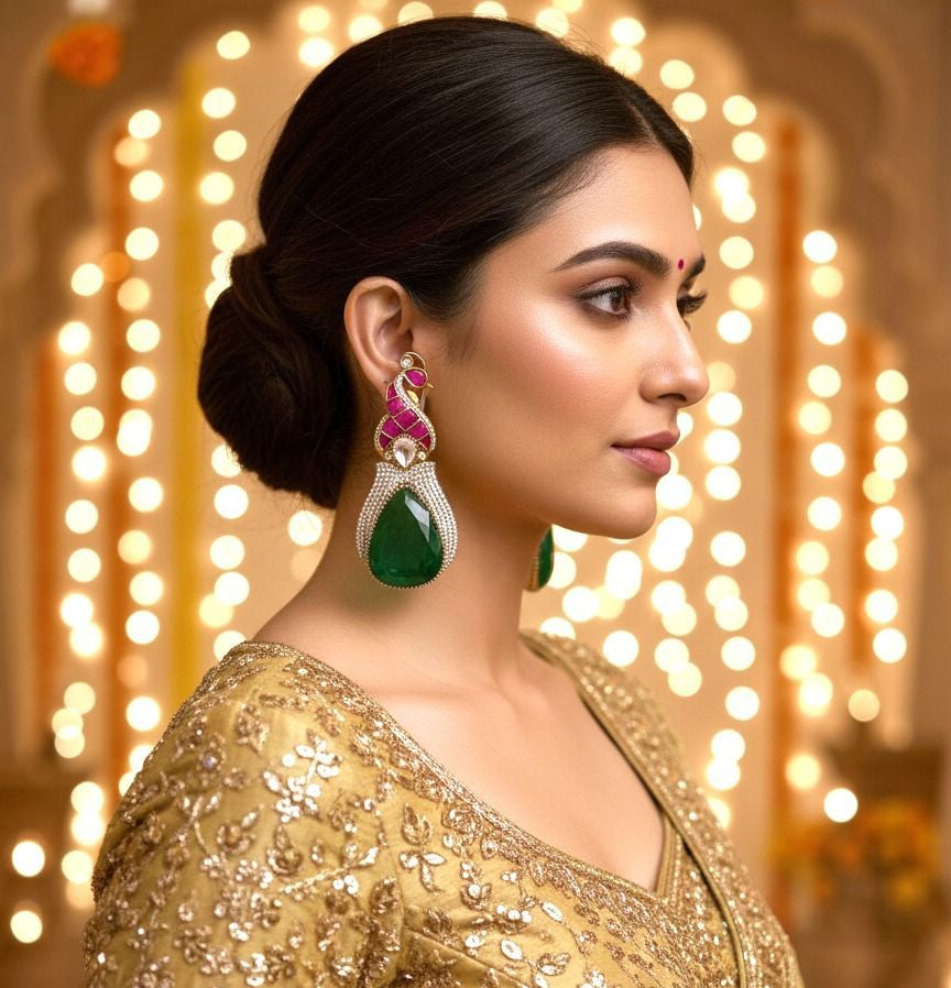 Arohi Mor Danglers - Green & Magenta