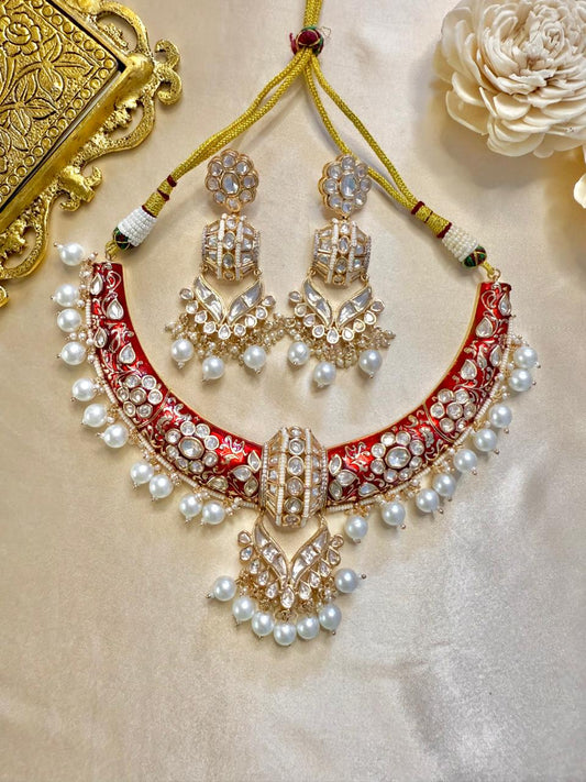 Jodha pearl necklace set - Red