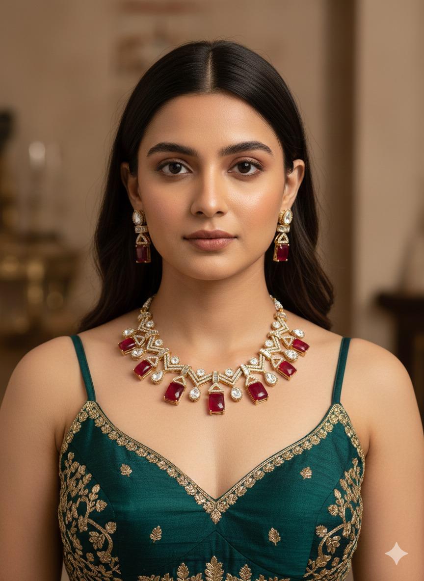 Nysa drop necklace set - Red