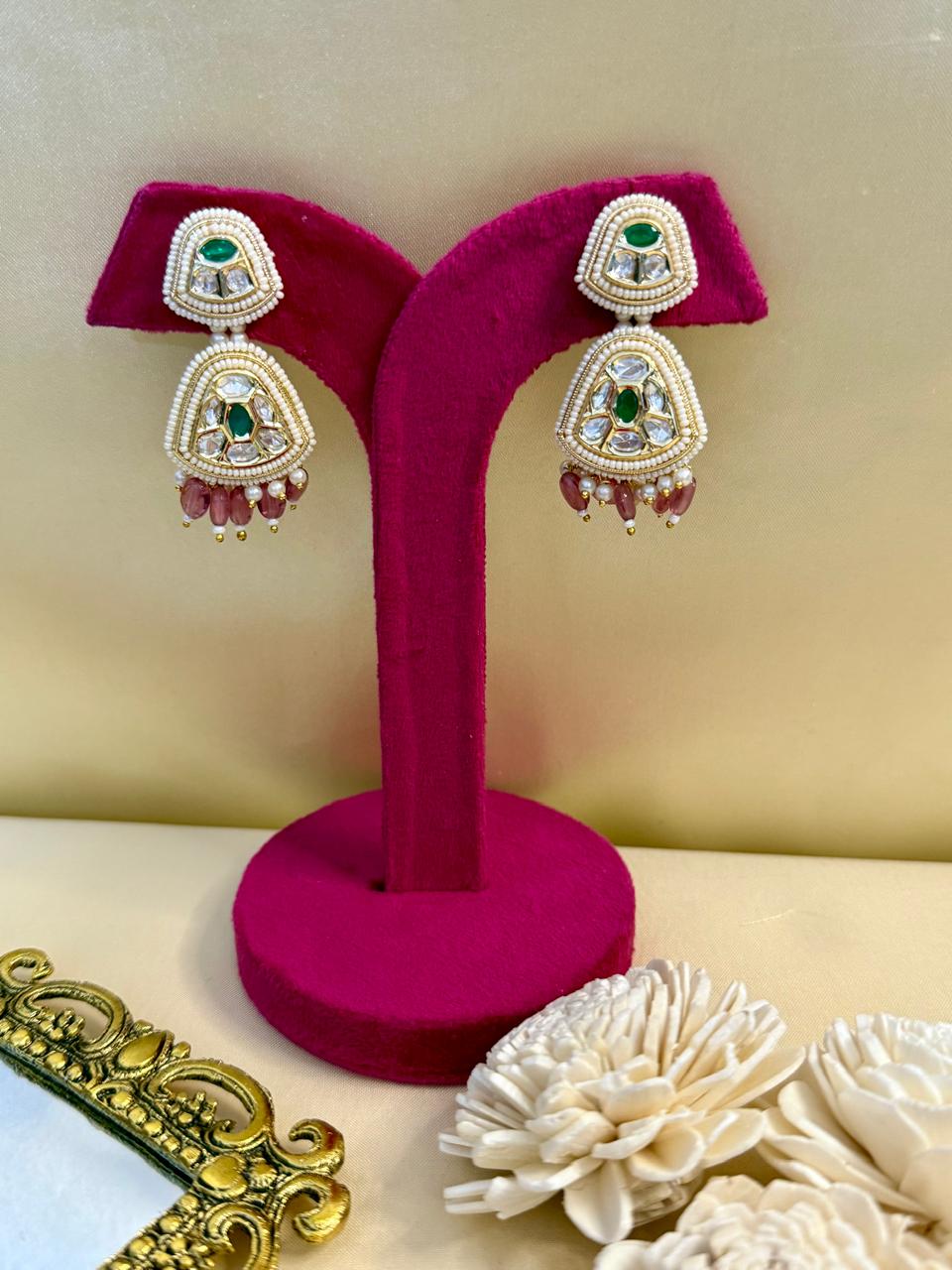 Iravya pearl danglers - Green & Pink