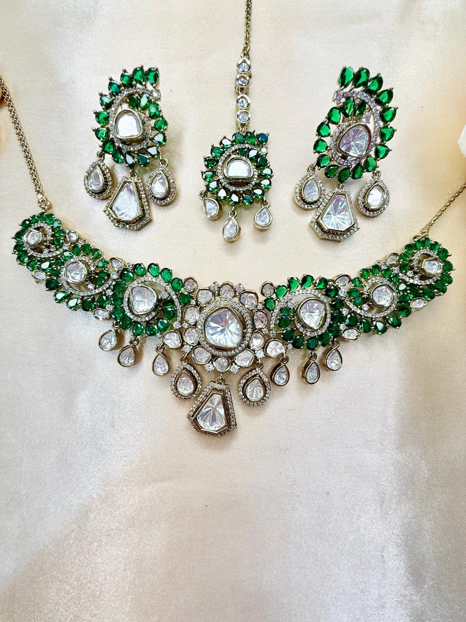 Priyal necklace set - Green (With Maangtika)