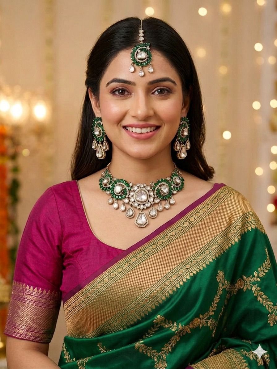 Priyal necklace set - Green (With Maangtika)
