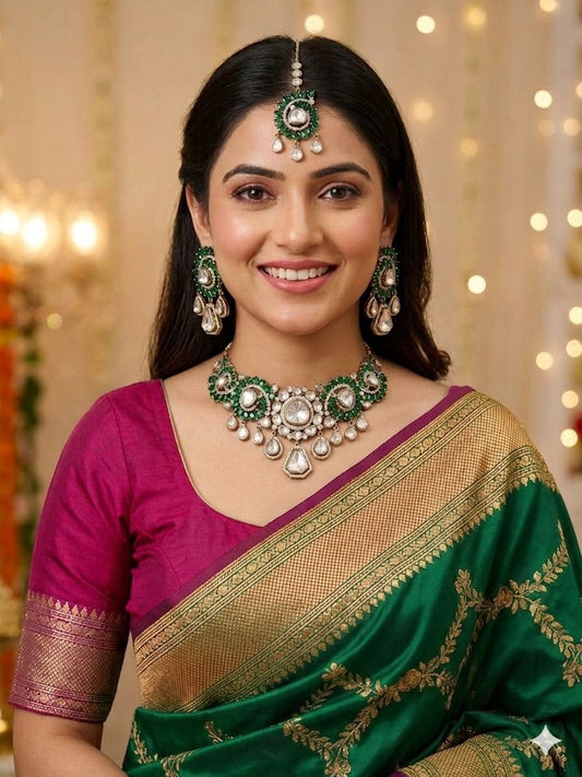 Priyal necklace set - Green (With Maangtika)
